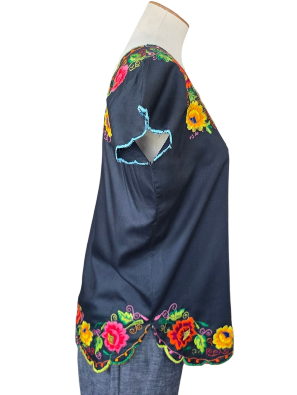 Embroidered Floral Mexican Blouse Black Top Colorful Boho Peasant Top Size M - Picture 3 of 5